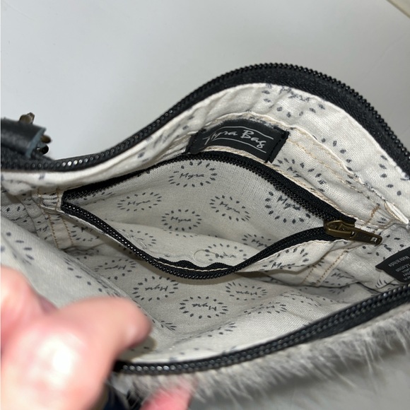 Purse-Myra black leather & mix of white, blk, tan hair. 7”x7.5”. 45” strap EUC - Picture 8 of 10